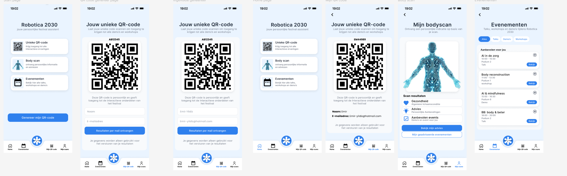 Schermen uit de Robotica 2030 app